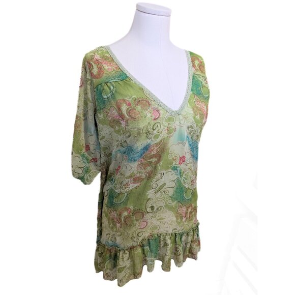 Vintage Y2K Forest Fairy Top Sheer Green Sparkle Paisley Ruffle Mesh Floral XL - Picture 4 of 10